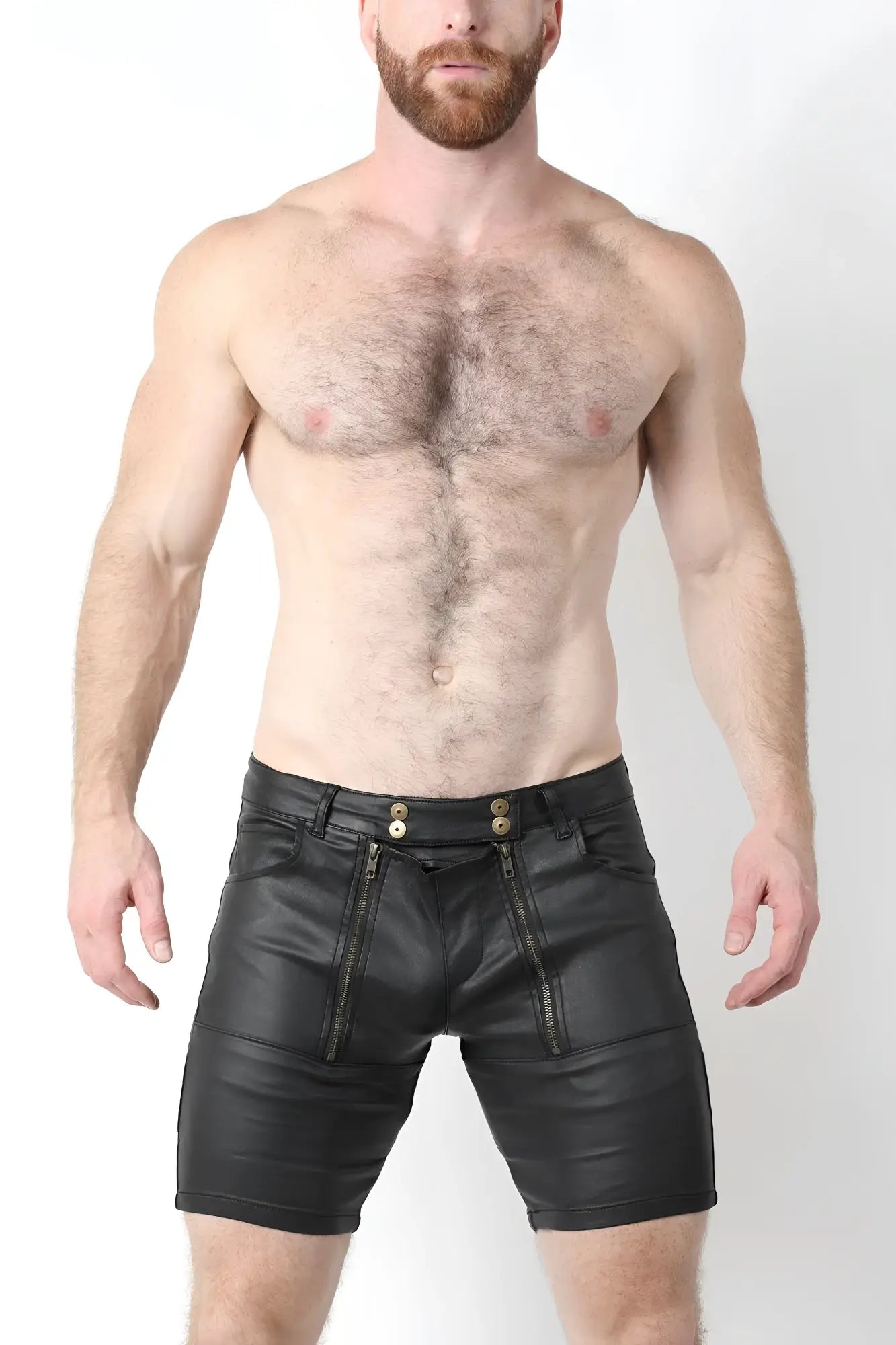 Black leather slick carpenter zipper shorts v2 with front zippers and gold-tone buttons for stylish wear