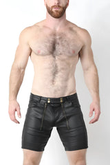 Black leather slick carpenter zipper shorts v2 with front zippers and gold-tone buttons for stylish wear