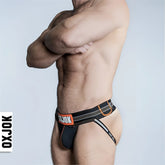 Black oxjok slingjock jockstrap with orange and gray accents designed for support and comfort
