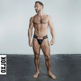Black slingjock jockstrap briefs with orange and gray trim designed for support and comfort