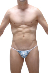 Blue and white patterned thong with thin matching waistband shown from the back in the slingshot herat carlot style