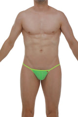 Bright neon green slingshot herat thong with thin waistband and small side logo designed for minimal coverage