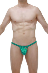 Emerald green satin thong slingshot maverick satin green with subtle sheen and small logo on the front