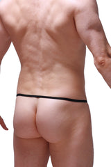 Black slingshot mesh thong with thin smooth elastic waistband showing front side