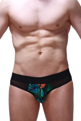 Black briefs slip marsol tropical with vibrant orange flower and green tropical leaf pattern on front panel