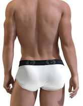 White slut big boy pouch brief with black elastic waistband featuring wilin logo and circular t emblem in see through pouch