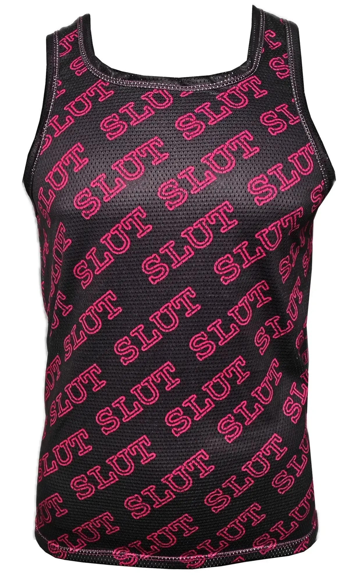 Black mesh sports tank top with bold pink slut lettering printed diagonally across the fabric