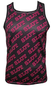 Black mesh sports tank top with bold pink slut lettering printed diagonally across the fabric