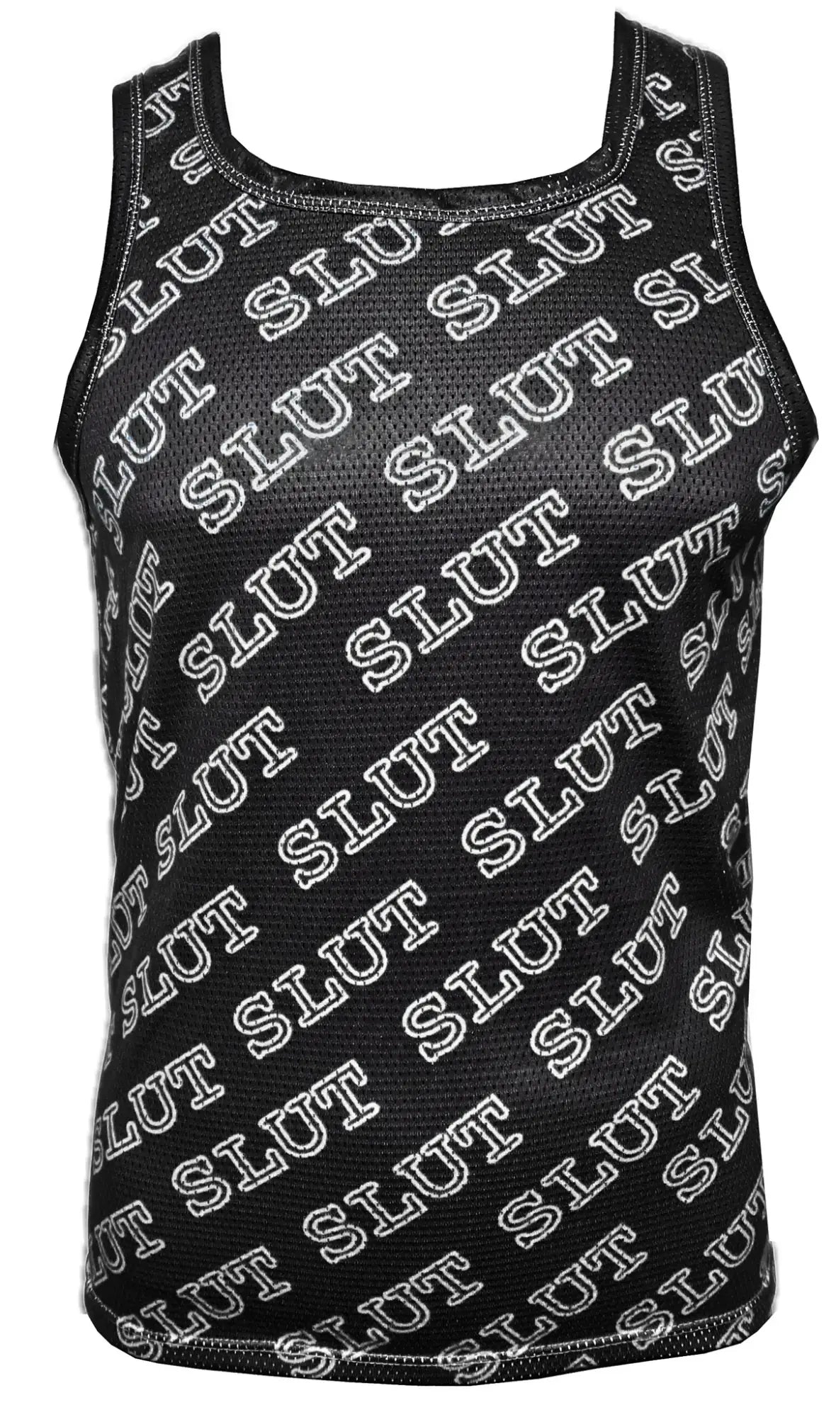 Black mesh sports tank top with white slut text printed diagonally across the fabric
