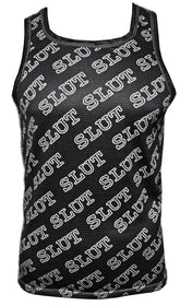 Black mesh sports tank top with white slut text printed diagonally across the fabric