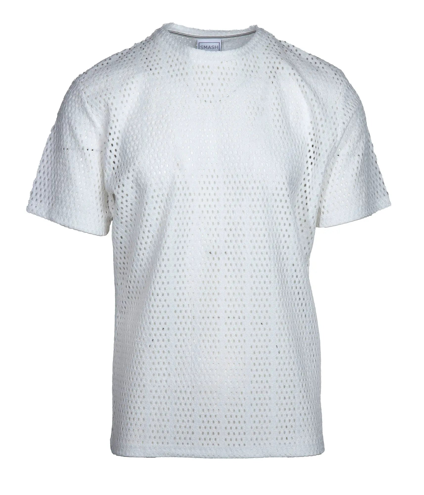 White perforated cotton smash gossamer lace top with round neckline and short sleeves for casual wear