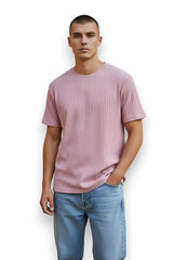 A soft pink ribbed cotton t-shirt with classic crew neck and short sleeves from Smash novelty top collection