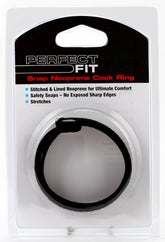 Black snap neoprene cock ring in clear plastic packaging with perfect fit branding for comfortable secure wear