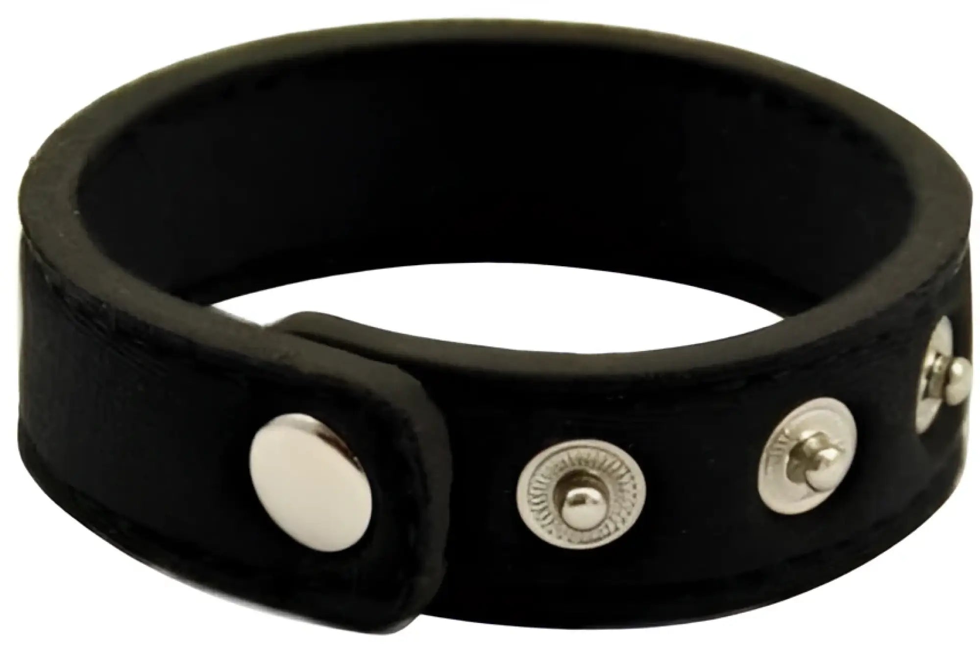 Black leather snap neoprene ring bracelet with silver-toned snap buttons for stylish wristwear