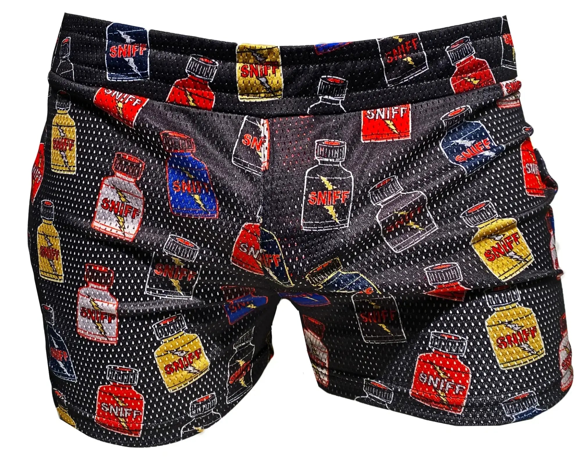 Black mesh sniff print booty shorts with colorful cartoonish red yellow and blue sniff bottle graphics repeated pattern