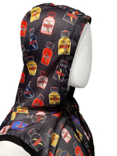 Black mesh hooded tank with a colorful sniff bottle pattern in red yellow and blue for sportwear use