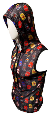 Black mesh hooded tank vest featuring a vibrant colorful liquor bottle label pattern in red yellow blue and purple