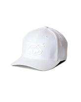 White snout cap baseball hat with subtle embossed logo on front made from breathable material