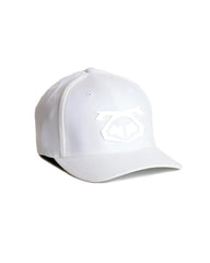 White snout cap baseball hat with subtle matching embroidered logo on front for casual wear