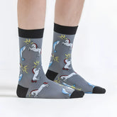 Gray sock it to me unicorn vs narwhal socks size s with black cuffs and toe caps featuring white unicorns and blue narwhals
