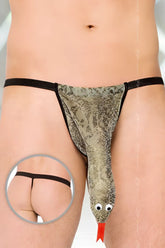 Softline snake g string underwear size S/L in green and brown snake pattern with black trim and playful googly eyes detail
