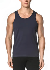 Dark navy blue solid stretch jersey sleeveless tank top with a simple fitted design for comfortable wear