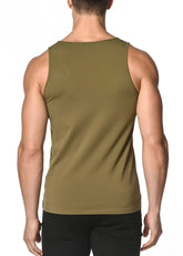 Olive green solid stretch jersey tank sleeveless top with a simple fitted design perfect for casual wear