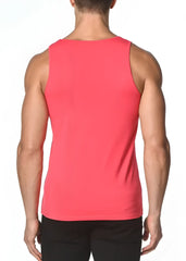 A vibrant coral solid stretch jersey tank top with a sleeveless fitted design perfect for casual wear