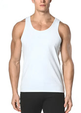 White sleeveless solid stretch jersey tank top with simple clean design ideal for casual wear