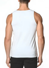 White sleeveless solid stretch jersey tank top with a simple fitted design perfect for casual wear