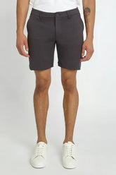 Dark gray solid stretch knit chino shorts with classic fit and button closure for comfortable casual wear