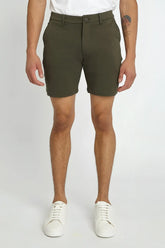 Solid stretch knit olive green chino shorts with classic fit and button closure for comfortable casual wear
