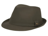 Olive green solid wool fedora with matching band and gold toned button for stylish wear