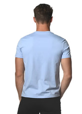 Light blue short-sleeved crew neck sorona tee made from sustainable fabric ideal for casual wear