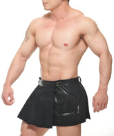 Black spar wrap skirt featuring pleated shorts with a glossy patent leather belt and front pocket detail
