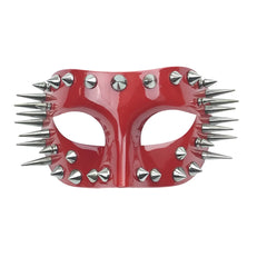 A glossy red spikes half face mask adorned with silver spikes and studs for masquerade events