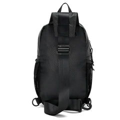 Black mesh sport crossbody sling bag with adjustable strap and side pockets for hands-free carrying