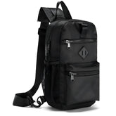 Black textured nylon sport crossbody sling bag with diamond-shaped logo patch and mesh side pockets