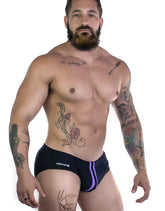 Black sportivo bikini briefs with purple stripe and wildmen logo on the side for sporty comfort