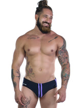 Black swim trunks with purple side stripes from sportivo bikini black and purple for active beachwear