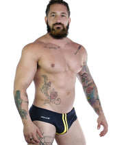 Sportivo bikini black and yellow swim trunks with yellow side stripes and wildmen logo on waistband front view