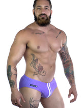 Sportivo bikini purple athletic briefs in purple with white side stripes and black wichman logo on waistband