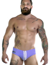 Sportivo bikini purple swim trunks with white vertical stripes and black brand logo on the left side