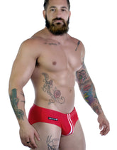 Sportivo bikini red athletic briefs in red with white side stripes and black wildman logo on the waistband
