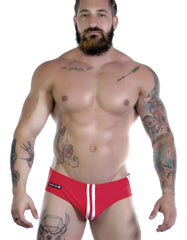 Sportivo bikini red red swim trunks with white side stripes and black brand logo on the left hip