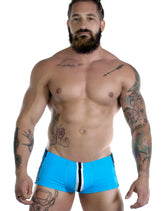 Sportivo square cut teal athletic briefs with bright blue fabric and bold black and white vertical stripe center panel