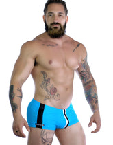 Sportivo square cut teal swim trunks in bright blue with black and white side stripes and wildman logo on left leg