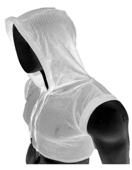 White sports mesh hooded crop vest with reinforced trim and zipper closure for athletic wear