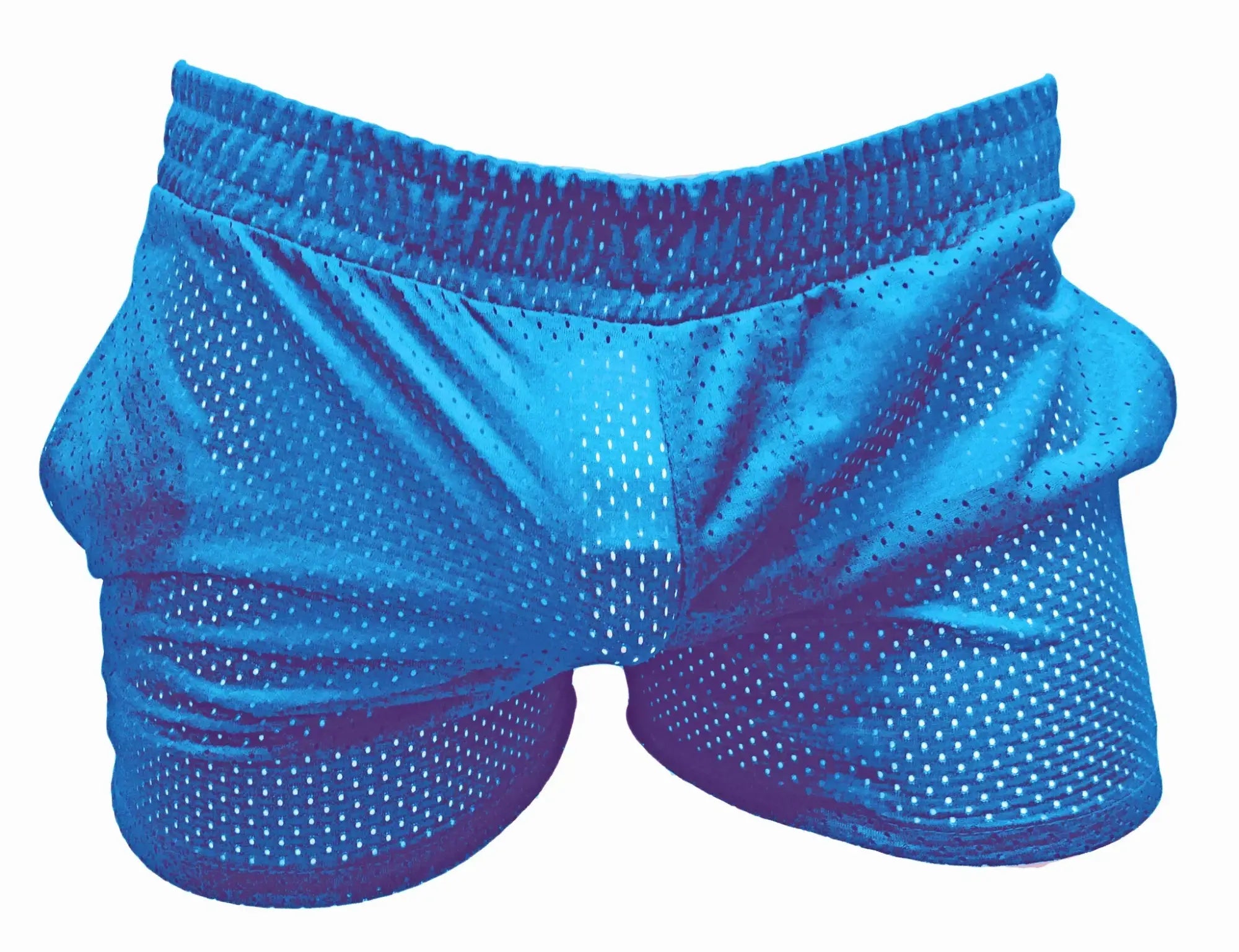 Bright blue sports mesh shorts with a snug elastic waistband made from breathable mesh fabric for athletic use