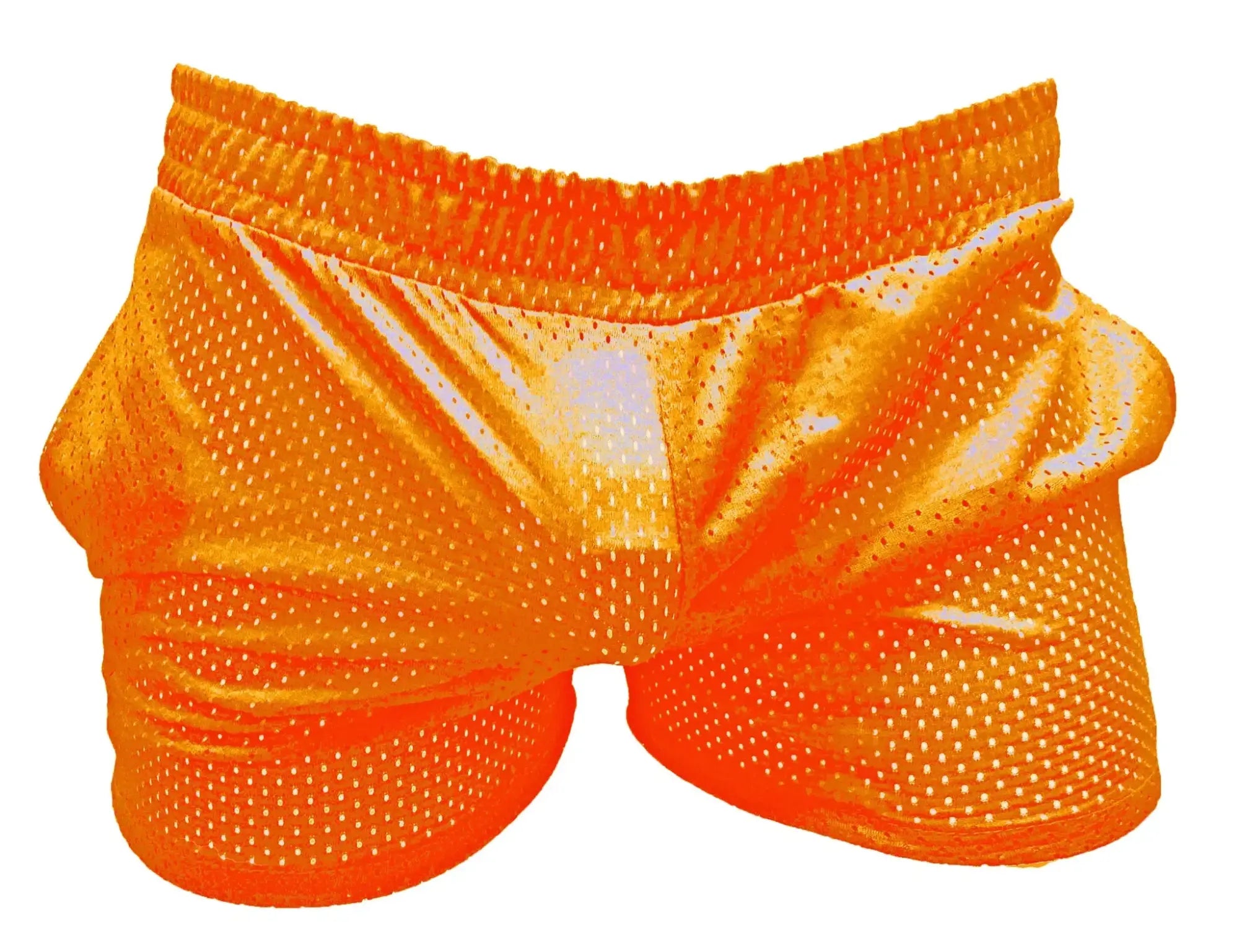 Bright orange sports mesh shorts with shiny reflective finish and elastic waistband for active wear